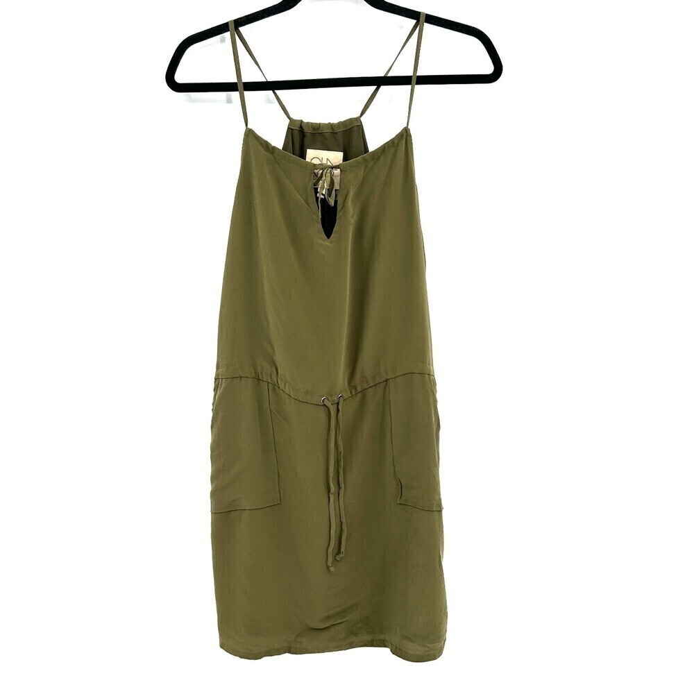 NWT CHASER Olive Green Silk Crepe Strappy Surplus Military Mini Dress Medium